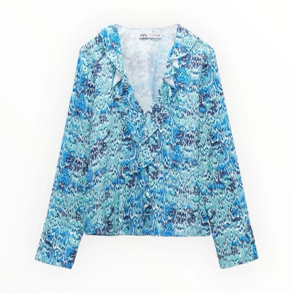 ZARA | Blue | RUFFLED ANIMAL PRINT BLOUSE - Picture 2 of 13